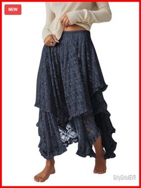 Lace Floral Maxi Skirt Handkerchief Hem Cover Up